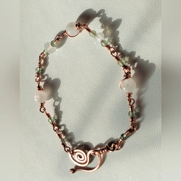 Moonstone Copper Chain Bracelet Rare Green Apatite Gems Dainty Artisan Crafted - Picture 2 of 16